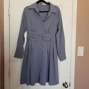 Classic Shirt Blue Dress with Pleated Skirt and Long Sleeves 🌸